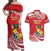 Custom Mate Maa Tonga Couples Matching Off Shoulder Maxi Dress and Hawaiian Shirt 2024 Go Champions LT14 Red - Polynesian Pride