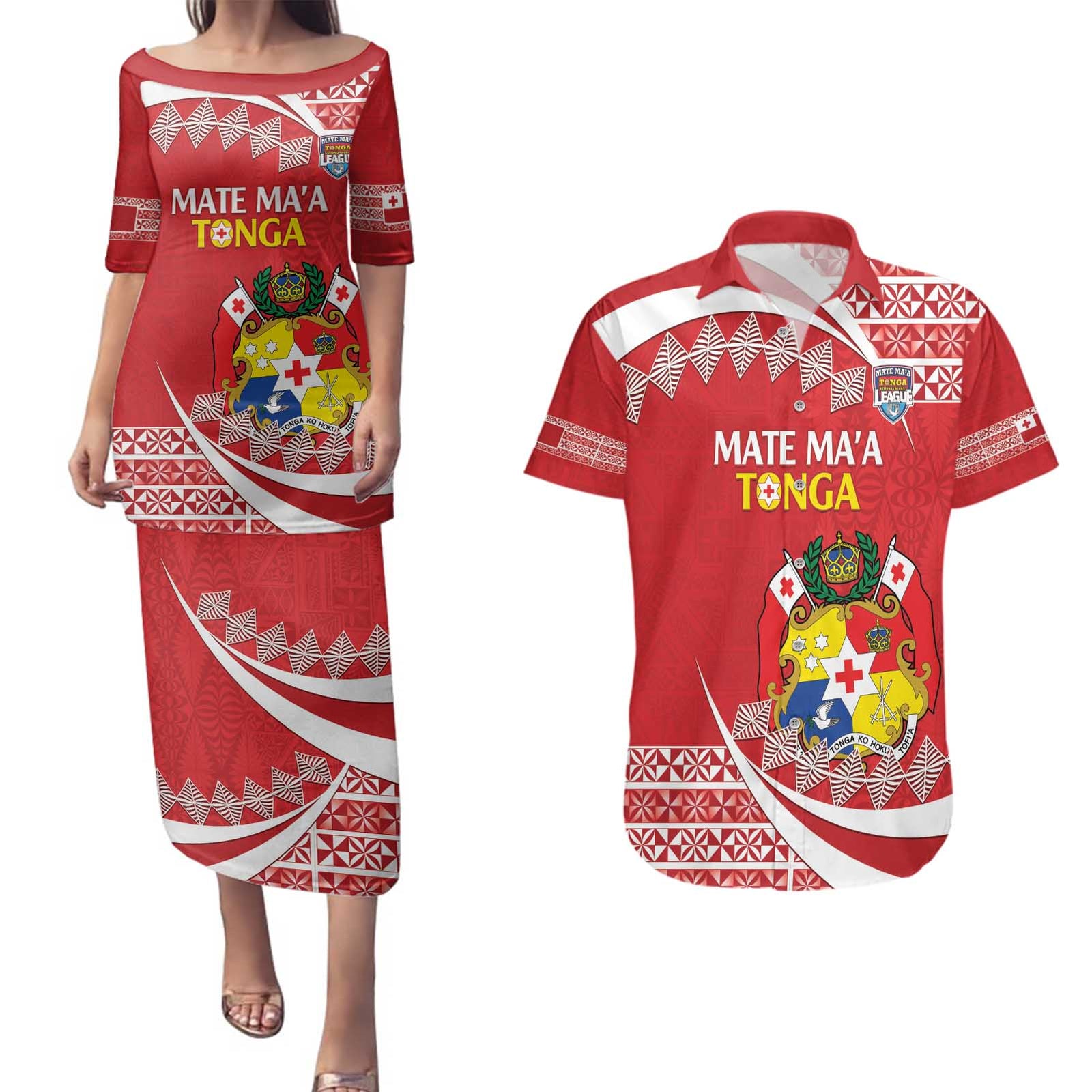 Custom Mate Maa Tonga Couples Matching Puletasi and Hawaiian Shirt 2024 Go Champions