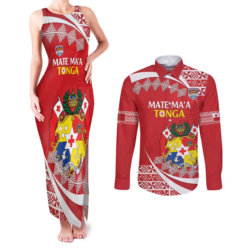 Custom Mate Maa Tonga Couples Matching Tank Maxi Dress and Long Sleeve Button Shirt 2024 Go Champions