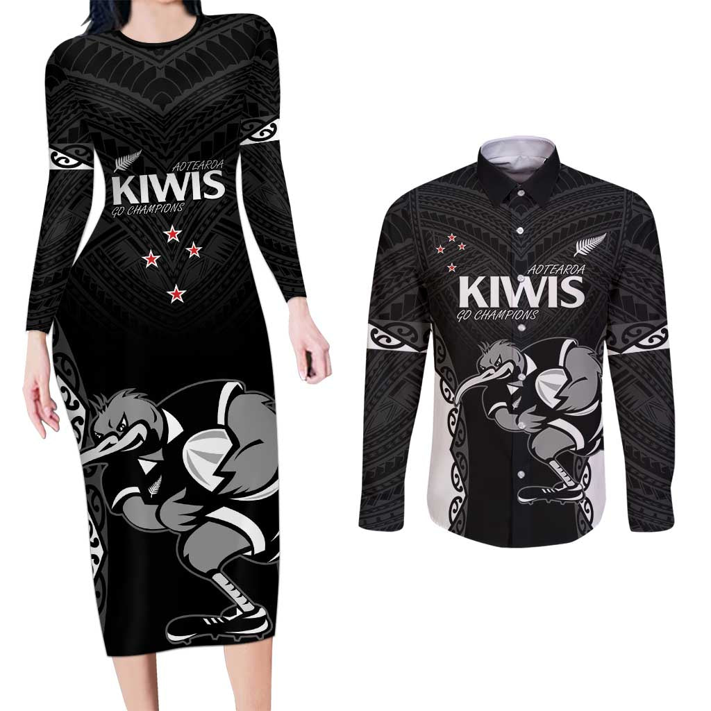 Aotearoa Rugby Custom Couples Matching Long Sleeve Bodycon Dress and Long Sleeve Button Shirt Maori Kiwi - Mascot Style