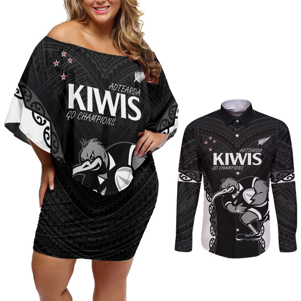 Aotearoa Rugby Custom Couples Matching Off Shoulder Short Dress and Long Sleeve Button Shirt Maori Kiwi - Mascot Style