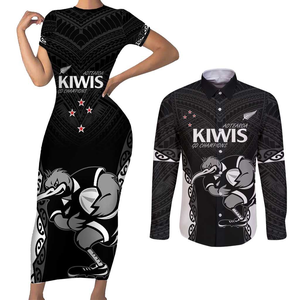 Aotearoa Rugby Custom Couples Matching Short Sleeve Bodycon Dress and Long Sleeve Button Shirt Maori Kiwi - Mascot Style