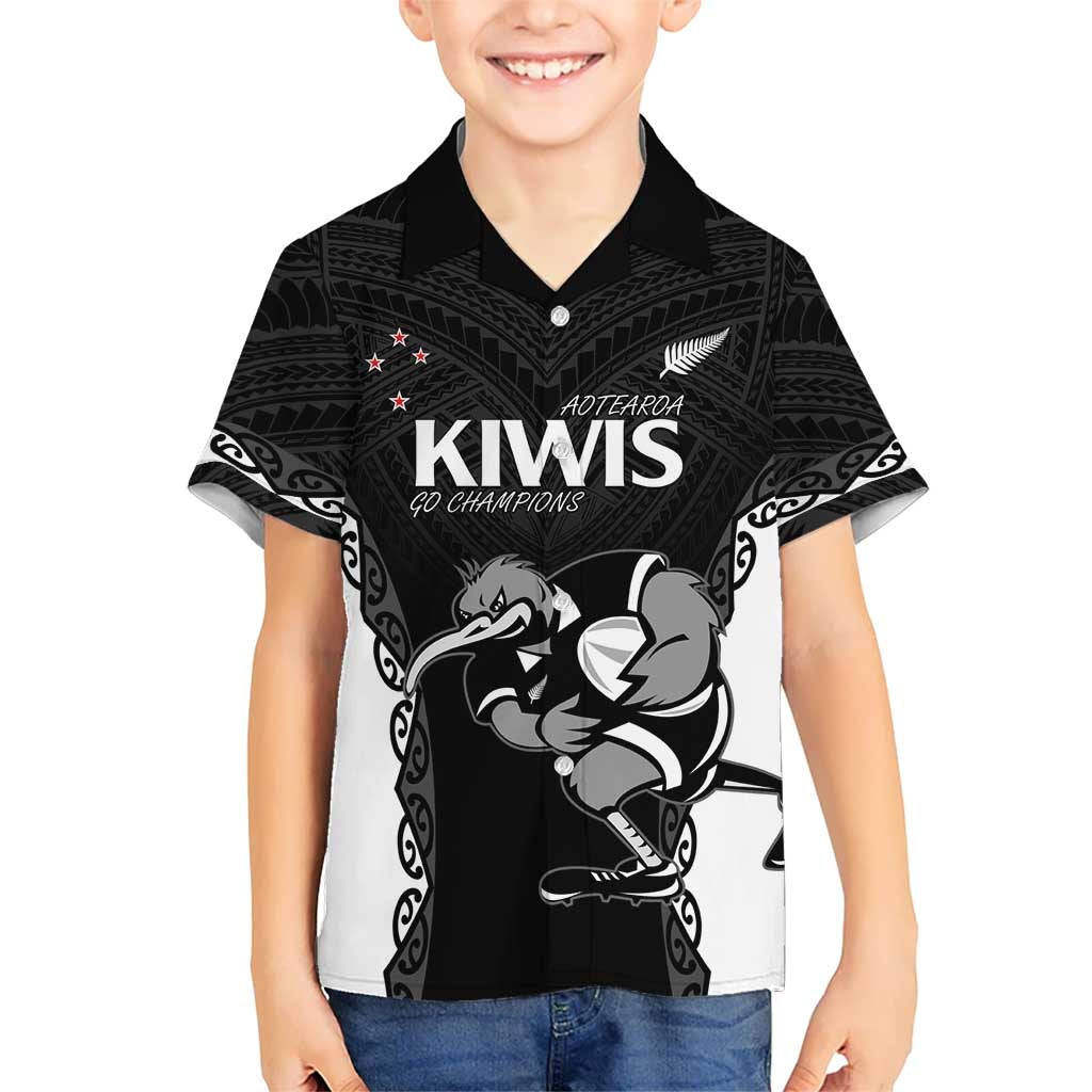 Aotearoa Rugby Custom Kid Hawaiian Shirt Maori Kiwi - Mascot Style LT14 Kid Black - Polynesian Pride