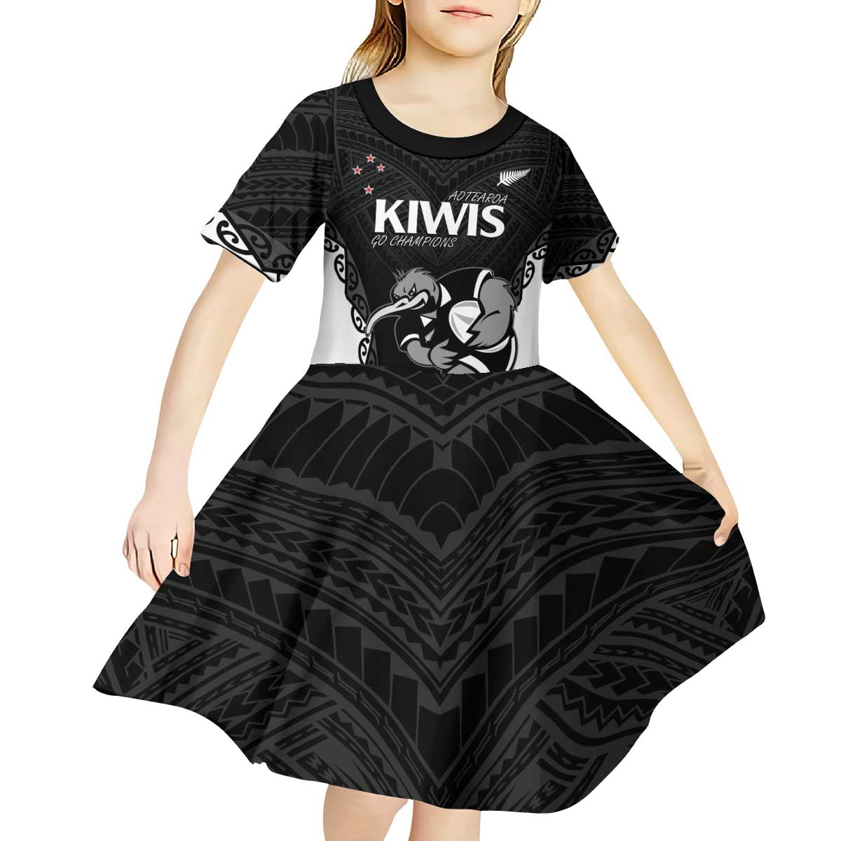 Aotearoa Rugby Custom Kid Short Sleeve Dress Maori Kiwi - Mascot Style LT14 - Polynesian Pride
