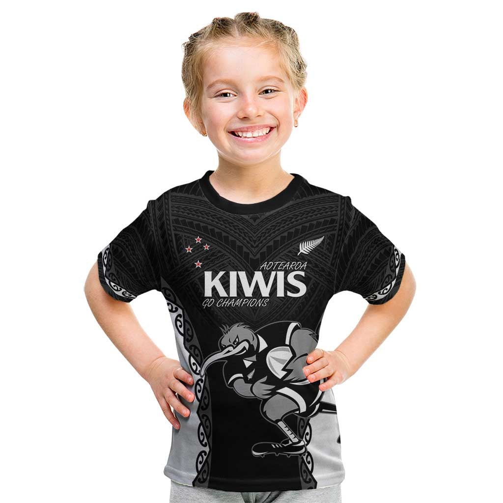 Aotearoa Rugby Custom Kid T Shirt Maori Kiwi - Mascot Style LT14 Black - Polynesian Pride