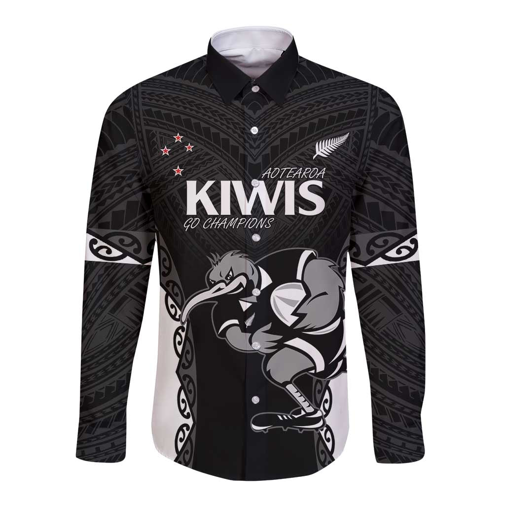 Aotearoa Rugby Custom Long Sleeve Button Shirt Maori Kiwi - Mascot Style LT14 Unisex Black - Polynesian Pride