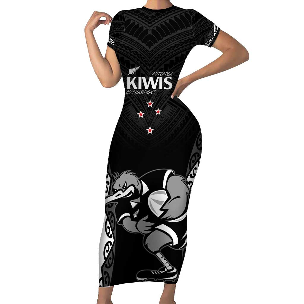 Aotearoa Rugby Custom Short Sleeve Bodycon Dress Maori Kiwi - Mascot Style