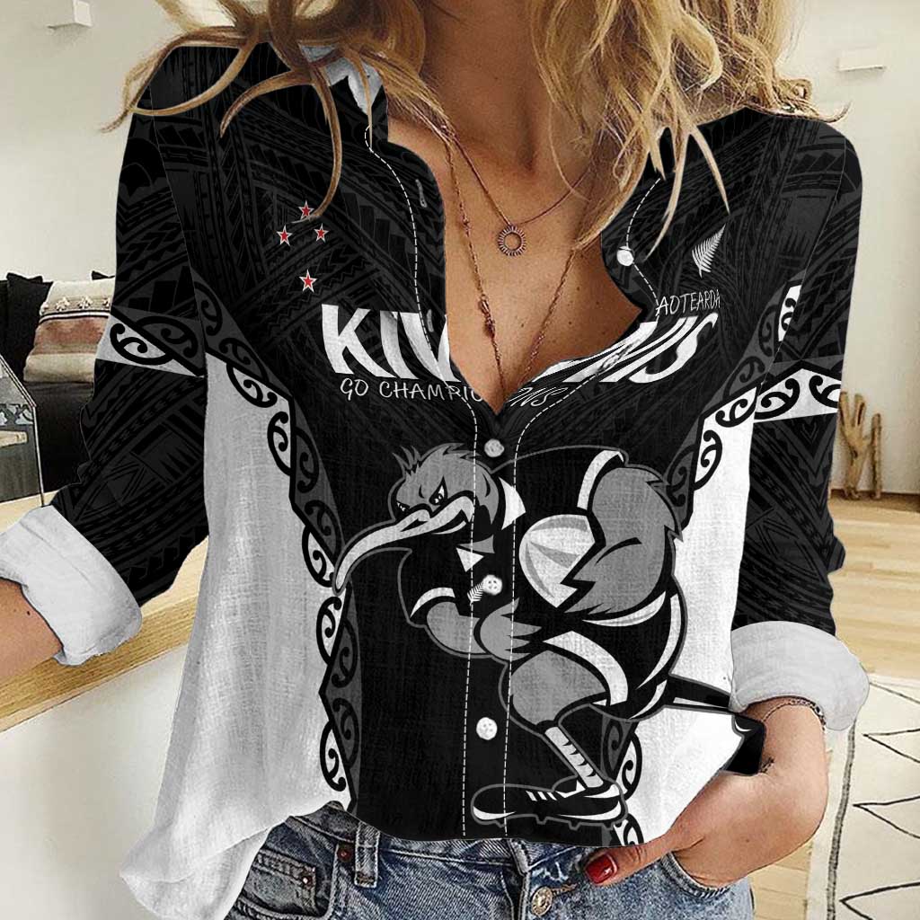 Aotearoa Rugby Custom Women Casual Shirt Maori Kiwi - Mascot Style LT14 Female Black - Polynesian Pride