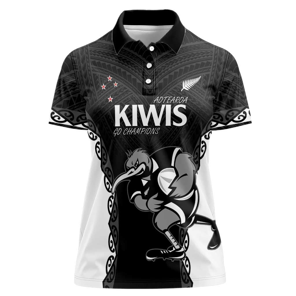 Aotearoa Rugby Custom Women Polo Shirt Maori Kiwi - Mascot Style LT14 Female Black - Polynesian Pride