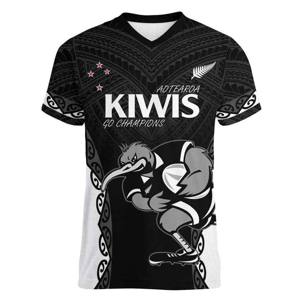 Aotearoa Rugby Custom Women V-Neck T-Shirt Maori Kiwi - Mascot Style LT14 Female Black - Polynesian Pride