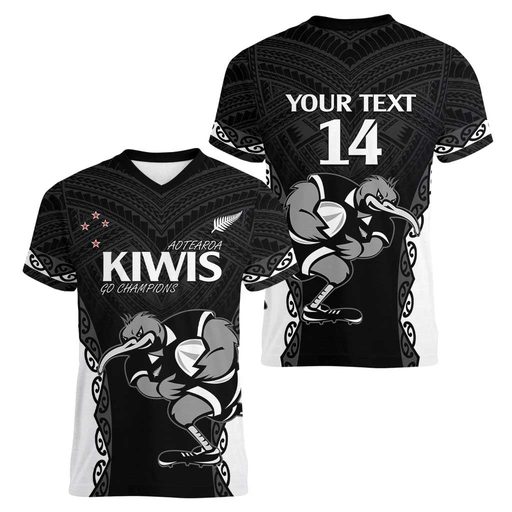 Aotearoa Rugby Custom Women V-Neck T-Shirt Maori Kiwi - Mascot Style LT14 - Polynesian Pride