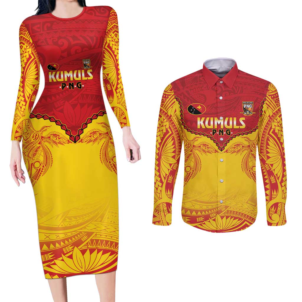 Papua New Guinea Rugby Custom Couples Matching Long Sleeve Bodycon Dress and Long Sleeve Button Shirt Go Kumuls PNG - Polynesian Pattern