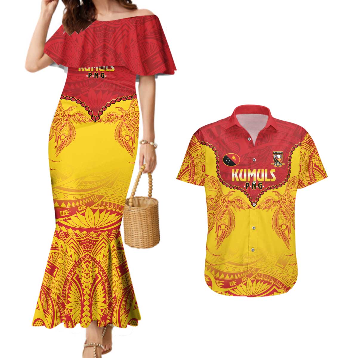 Papua New Guinea Rugby Custom Couples Matching Mermaid Dress and Hawaiian Shirt Go Kumuls PNG - Polynesian Pattern