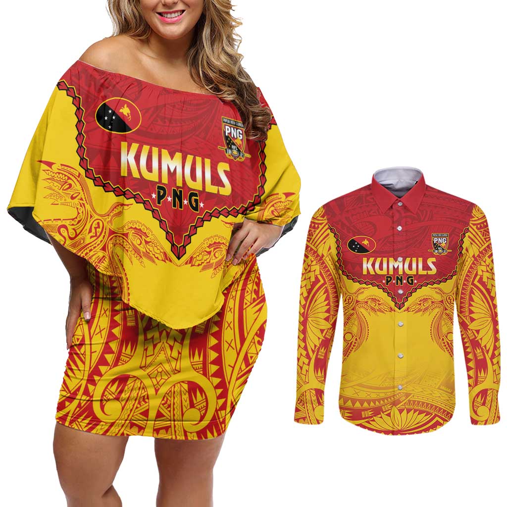 Papua New Guinea Rugby Custom Couples Matching Off Shoulder Short Dress and Long Sleeve Button Shirt Go Kumuls PNG - Polynesian Pattern