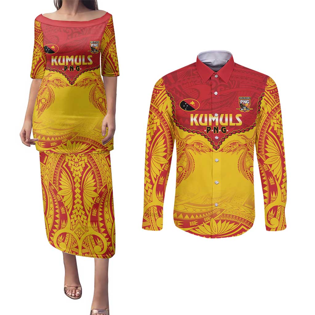 Papua New Guinea Rugby Custom Couples Matching Puletasi and Long Sleeve Button Shirt Go Kumuls PNG - Polynesian Pattern