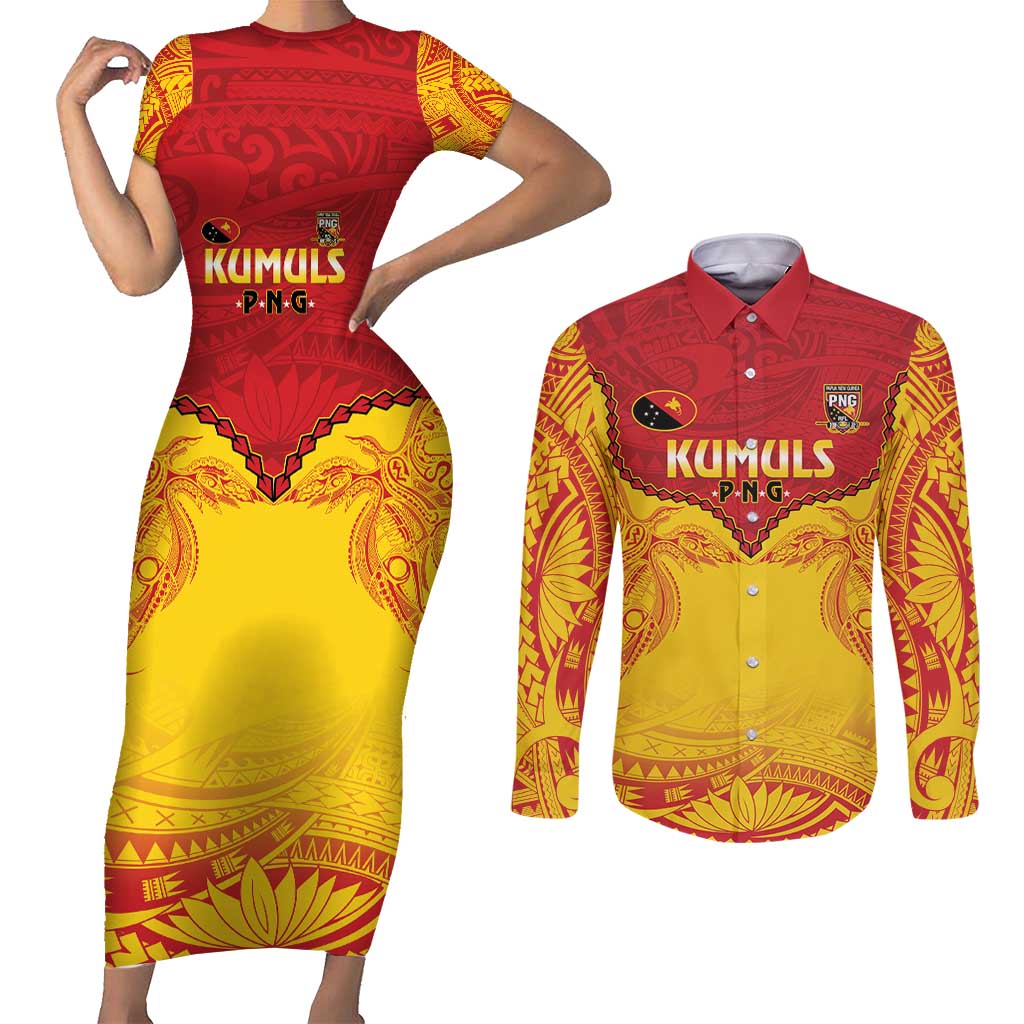 Papua New Guinea Rugby Custom Couples Matching Short Sleeve Bodycon Dress and Long Sleeve Button Shirt Go Kumuls PNG - Polynesian Pattern