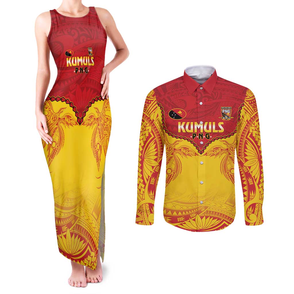 Papua New Guinea Rugby Custom Couples Matching Tank Maxi Dress and Long Sleeve Button Shirt Go Kumuls PNG - Polynesian Pattern