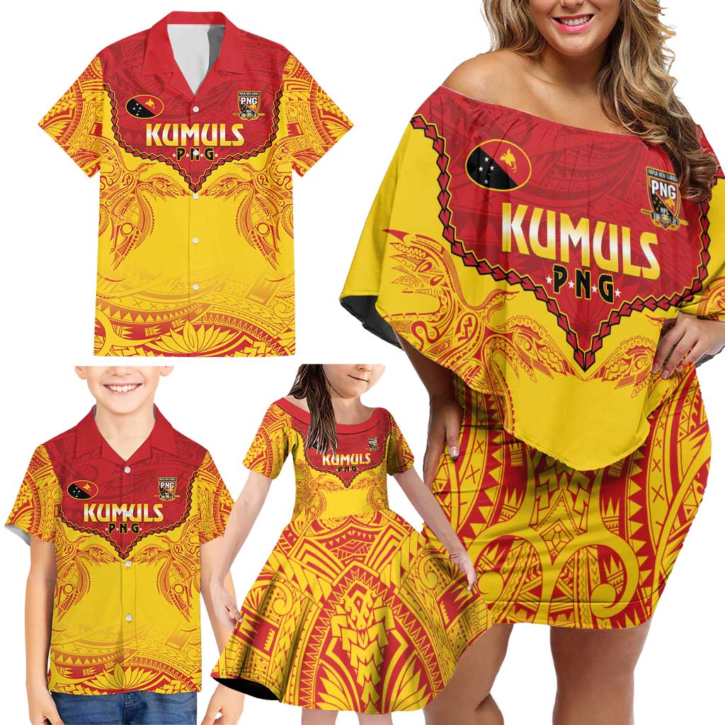 Papua New Guinea Rugby Custom Family Matching Off Shoulder Short Dress and Hawaiian Shirt Go Kumuls PNG - Polynesian Pattern