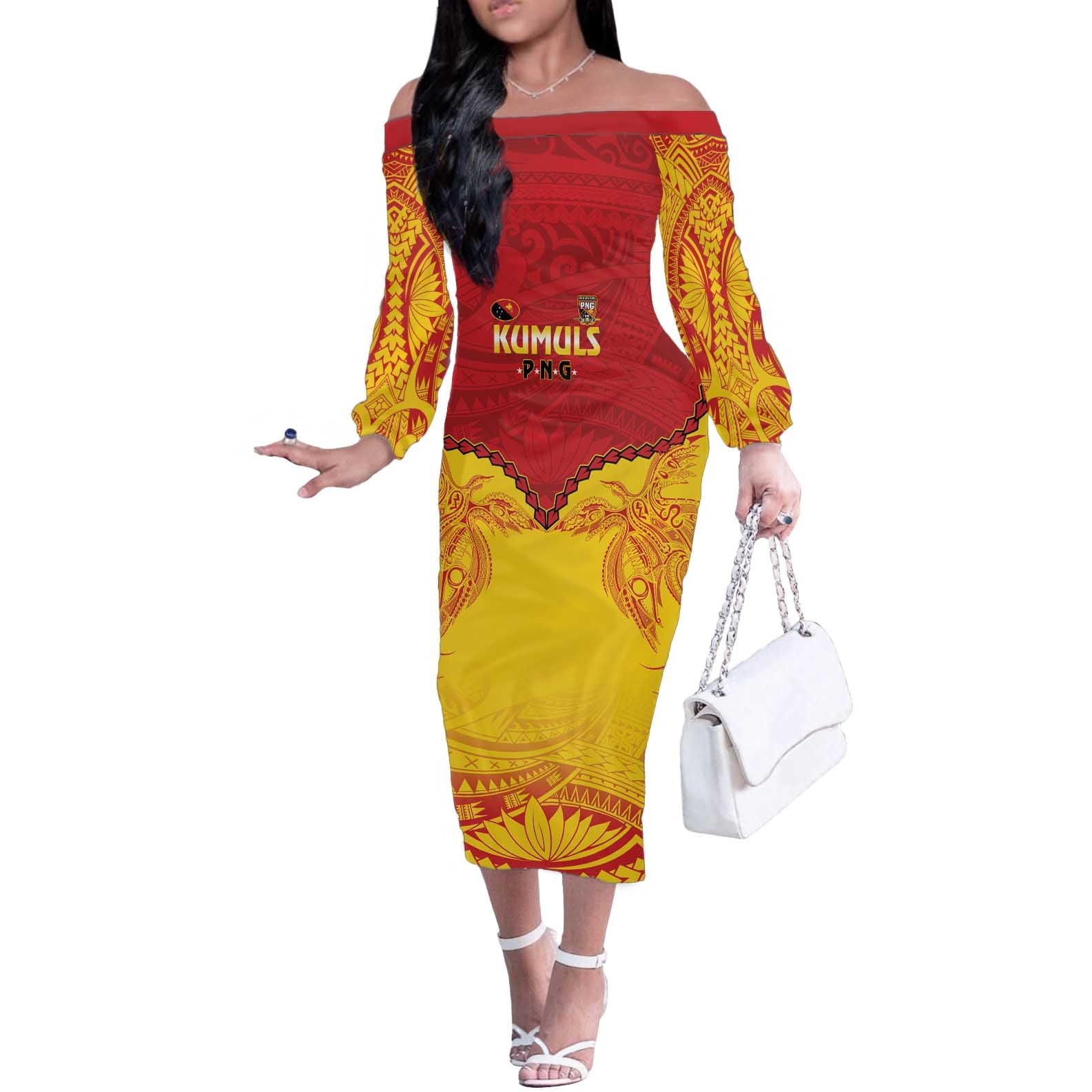 Papua New Guinea Rugby Custom Off The Shoulder Long Sleeve Dress Go Kumuls PNG - Polynesian Pattern