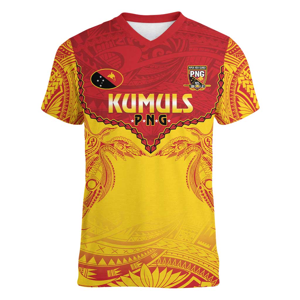 Papua New Guinea Rugby Custom Women V-Neck T-Shirt Go Kumuls PNG - Polynesian Pattern