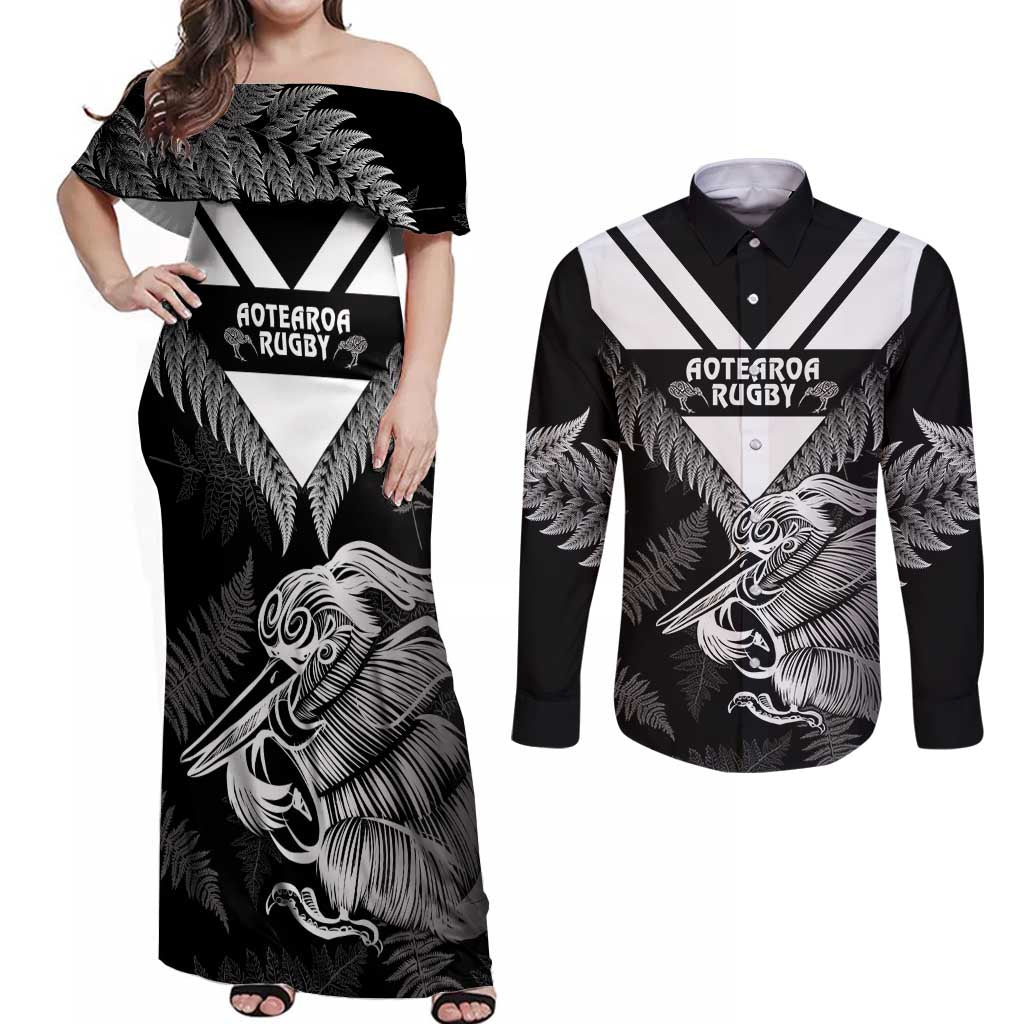 Aotearoa Silver Fern Rugby Custom Couples Matching Off Shoulder Maxi Dress and Long Sleeve Button Shirt 2024 Go Kiwi