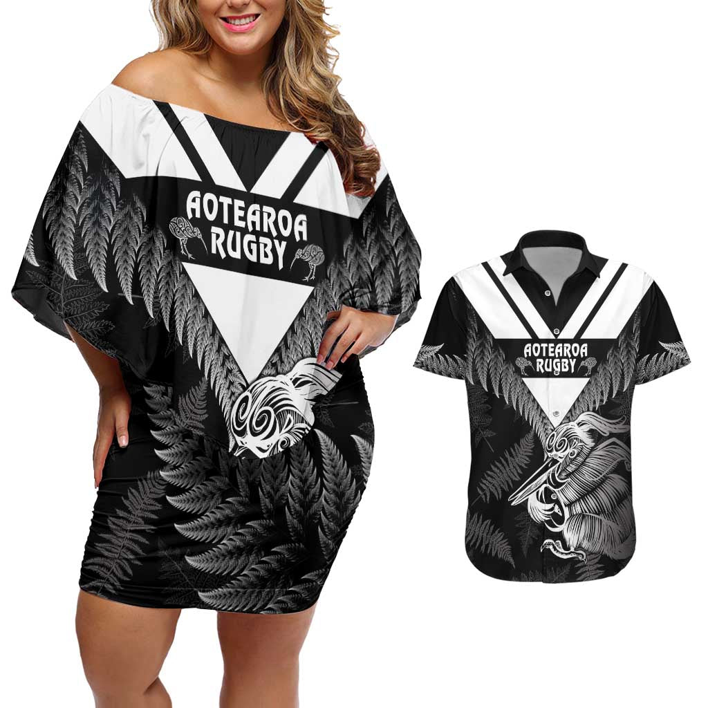 Aotearoa Silver Fern Rugby Custom Couples Matching Off Shoulder Short Dress and Hawaiian Shirt 2024 Go Kiwi