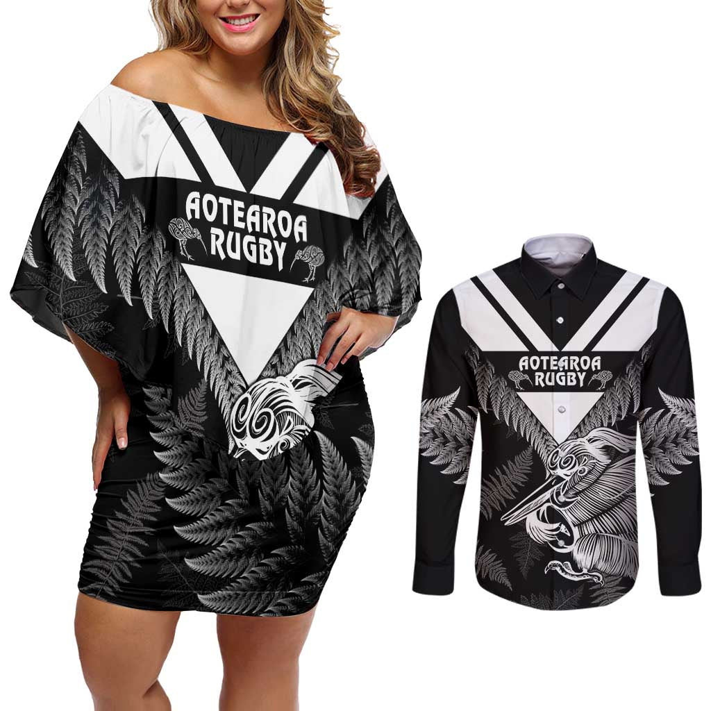 Aotearoa Silver Fern Rugby Custom Couples Matching Off Shoulder Short Dress and Long Sleeve Button Shirt 2024 Go Kiwi