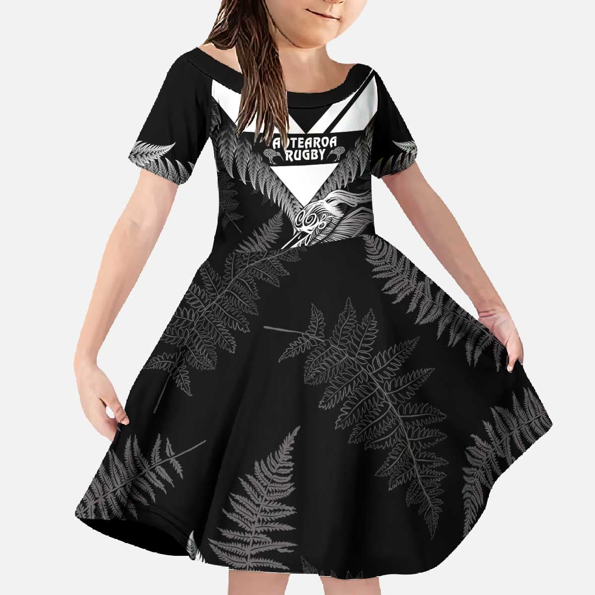 Aotearoa Silver Fern Rugby Custom Family Matching Off The Shoulder Long Sleeve Dress and Hawaiian Shirt 2024 Go Kiwi