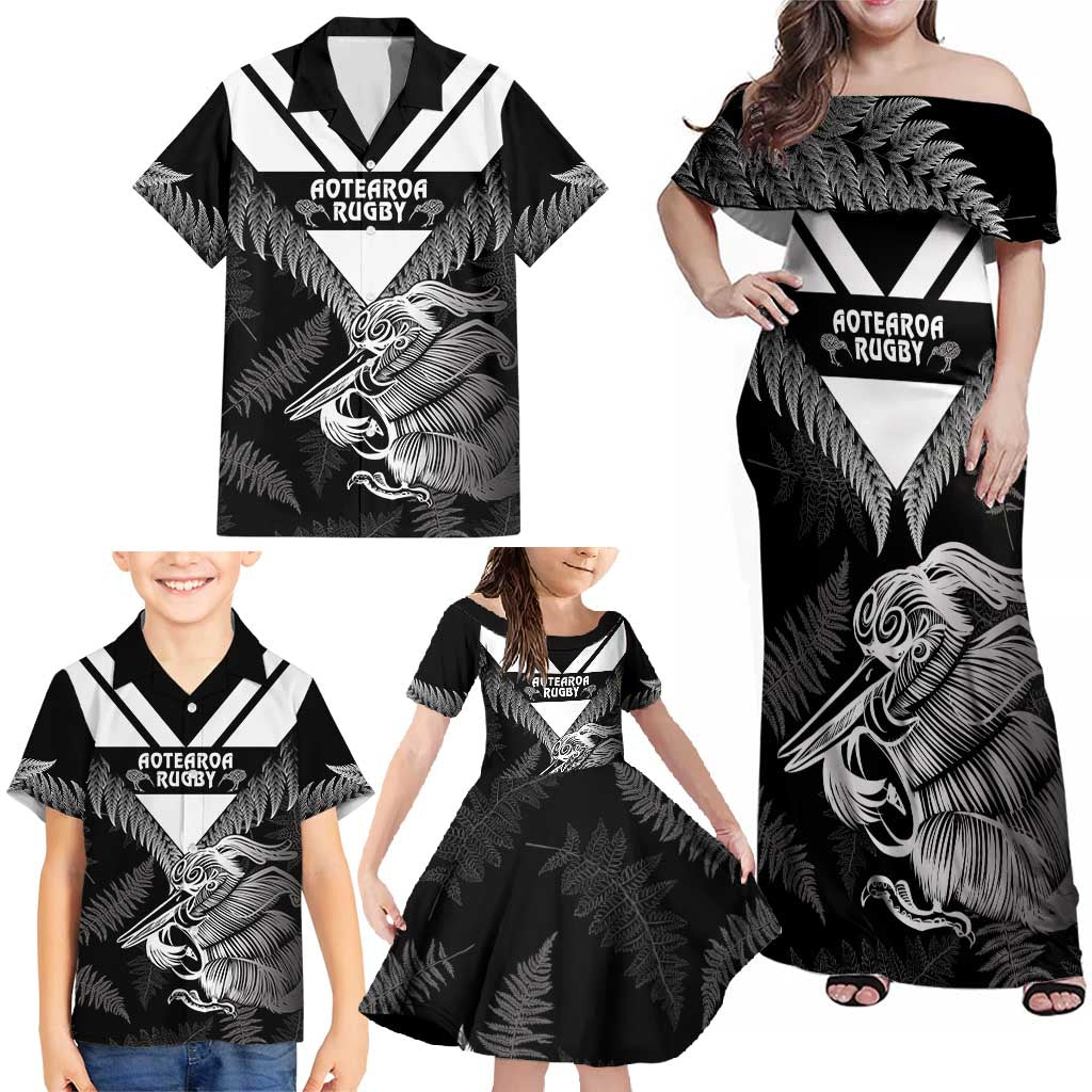 Aotearoa Silver Fern Rugby Custom Family Matching Off Shoulder Maxi Dress and Hawaiian Shirt 2024 Go Kiwi