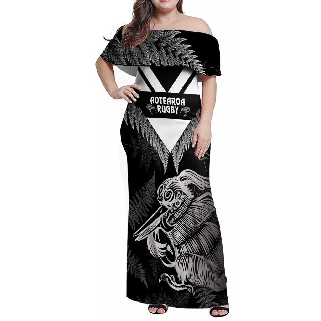 Aotearoa Silver Fern Rugby Custom Family Matching Off Shoulder Maxi Dress and Hawaiian Shirt 2024 Go Kiwi