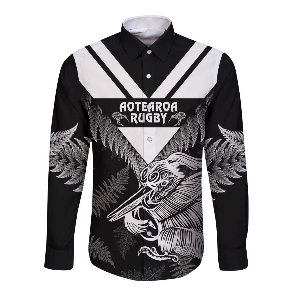 Aotearoa Silver Fern Rugby Custom Long Sleeve Button Shirt 2024 Go Kiwi LT14 Unisex Black - Polynesian Pride