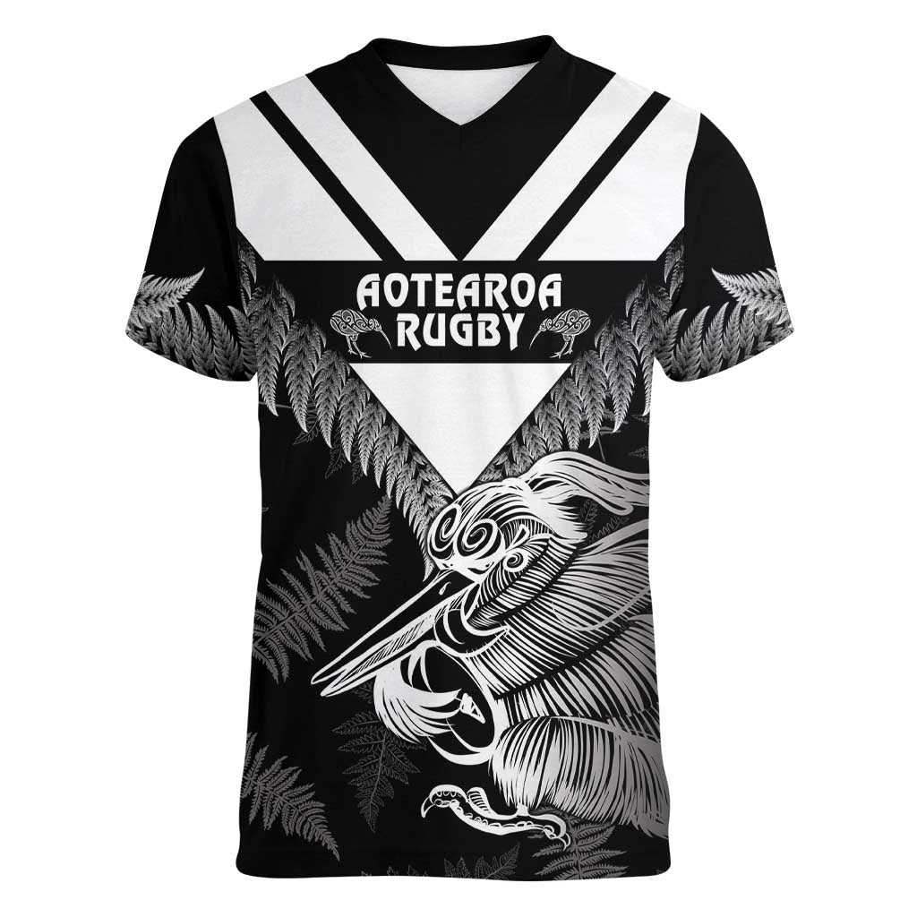 Aotearoa Silver Fern Rugby Custom Women V-Neck T-Shirt 2024 Go Kiwi LT14 Female Black - Polynesian Pride