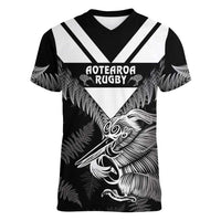 Aotearoa Silver Fern Rugby Custom Women V-Neck T-Shirt 2024 Go Kiwi LT14 Female Black - Polynesian Pride