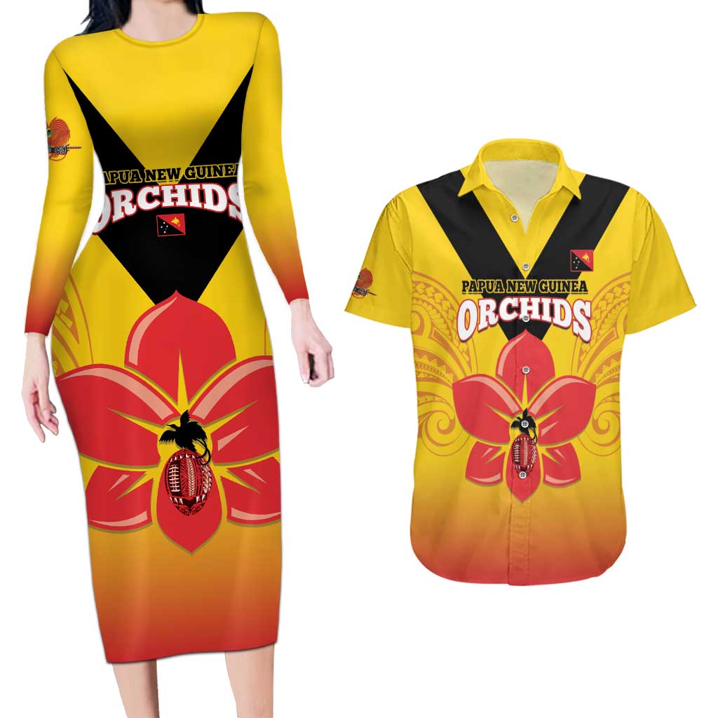 Orchids PNG Rugby Custom Couples Matching Long Sleeve Bodycon Dress and Hawaiian Shirt Go Champions Papua New Guinea