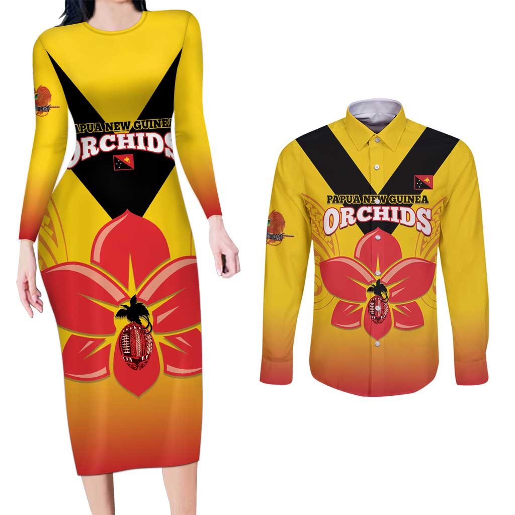 Orchids PNG Rugby Custom Couples Matching Long Sleeve Bodycon Dress and Long Sleeve Button Shirt Go Champions Papua New Guinea