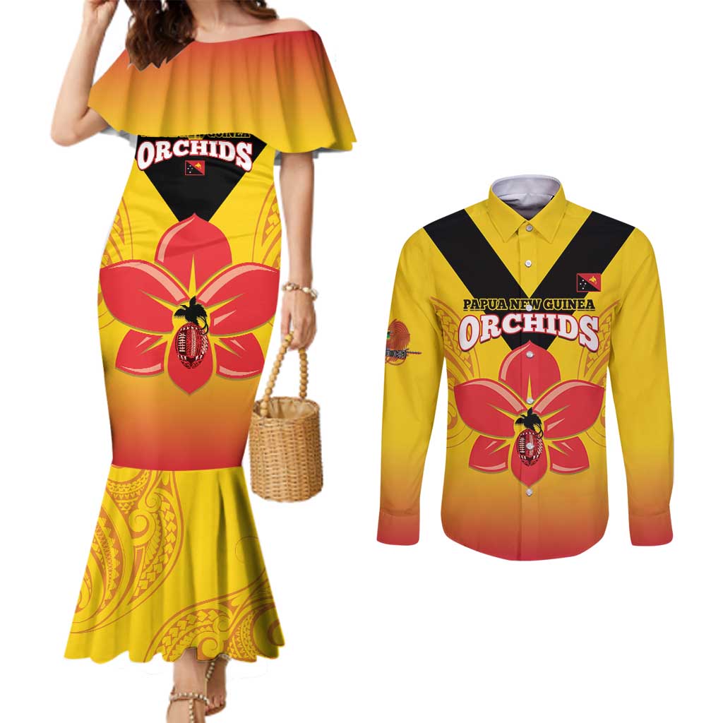 Orchids PNG Rugby Custom Couples Matching Mermaid Dress and Long Sleeve Button Shirt Go Champions Papua New Guinea