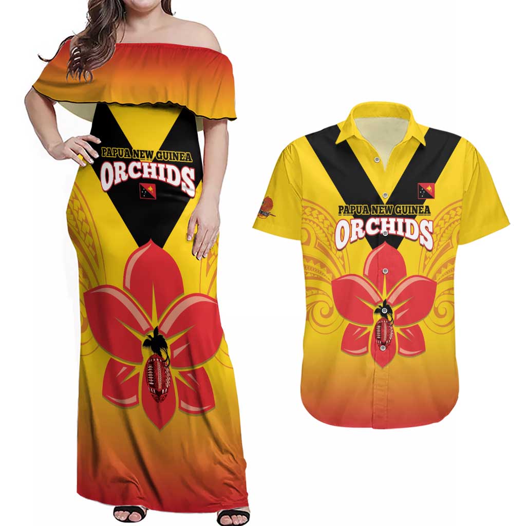 Orchids PNG Rugby Custom Couples Matching Off Shoulder Maxi Dress and Hawaiian Shirt Go Champions Papua New Guinea