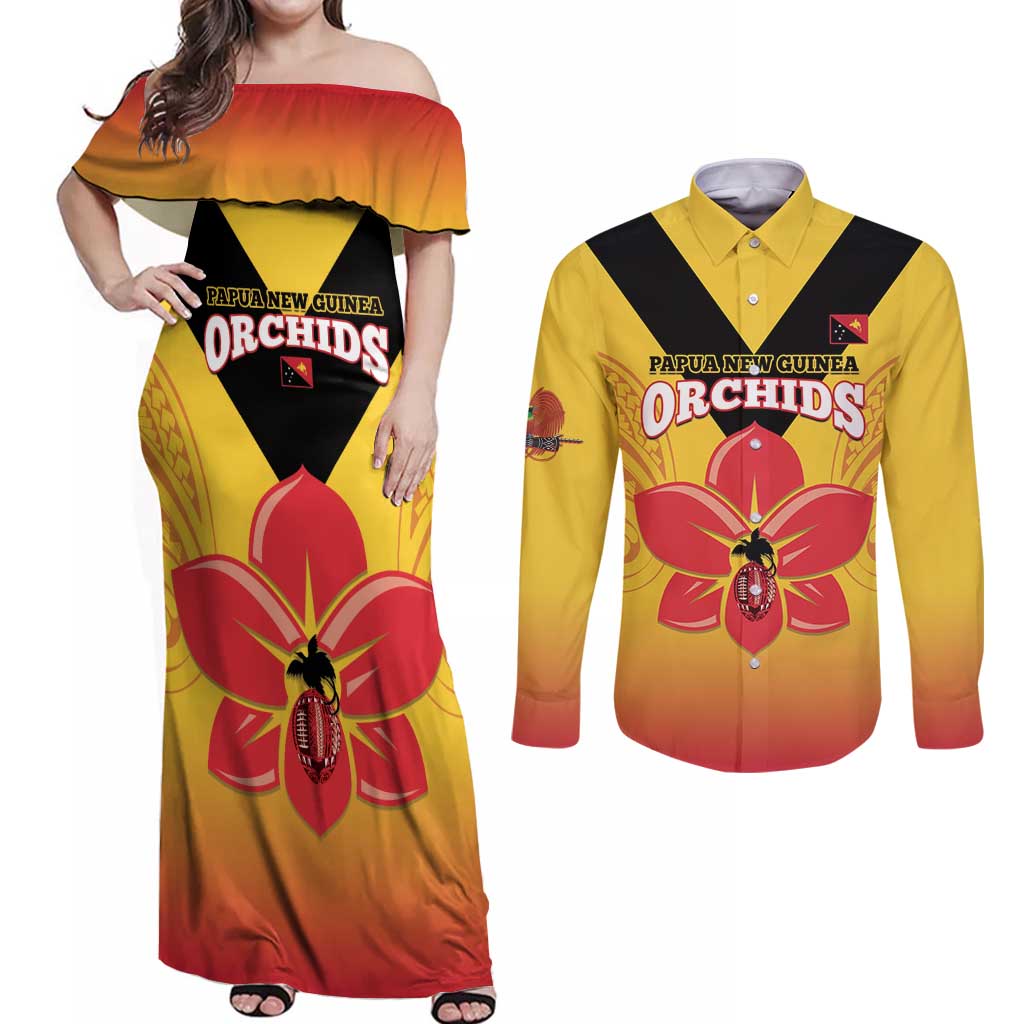 Orchids PNG Rugby Custom Couples Matching Off Shoulder Maxi Dress and Long Sleeve Button Shirt Go Champions Papua New Guinea