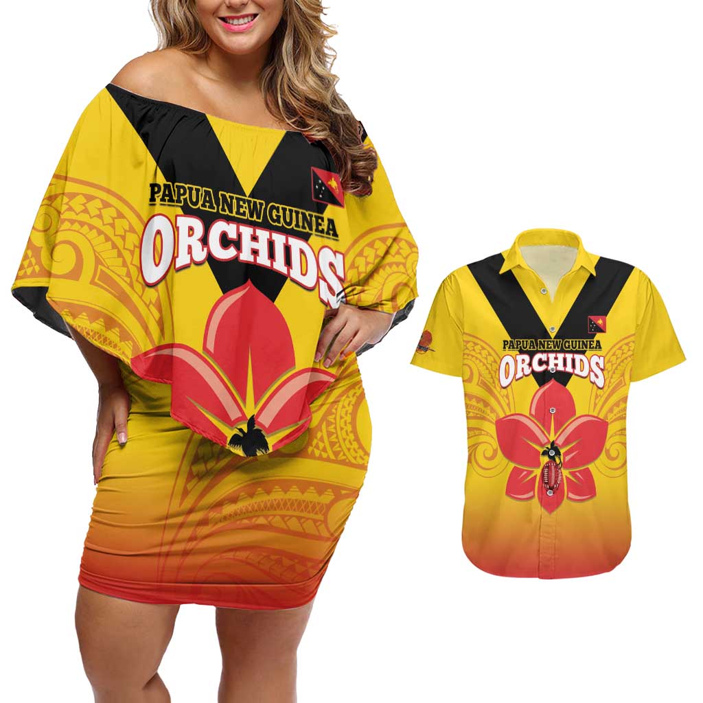 Orchids PNG Rugby Custom Couples Matching Off Shoulder Short Dress and Hawaiian Shirt Go Champions Papua New Guinea