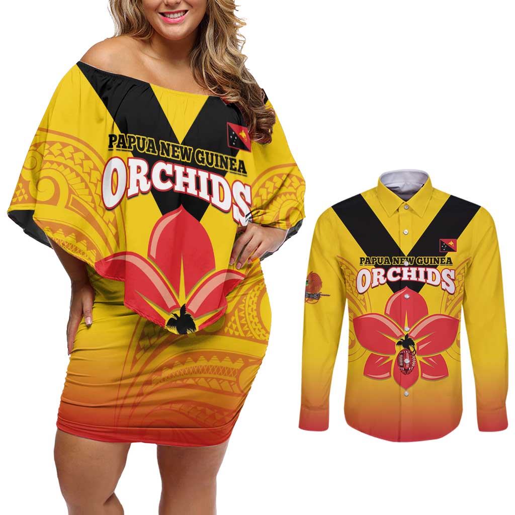 Orchids PNG Rugby Custom Couples Matching Off Shoulder Short Dress and Long Sleeve Button Shirt Go Champions Papua New Guinea