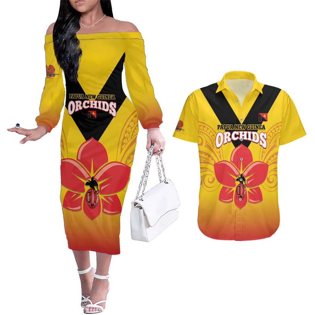 Orchids PNG Rugby Custom Couples Matching Off The Shoulder Long Sleeve Dress and Hawaiian Shirt Go Champions Papua New Guinea