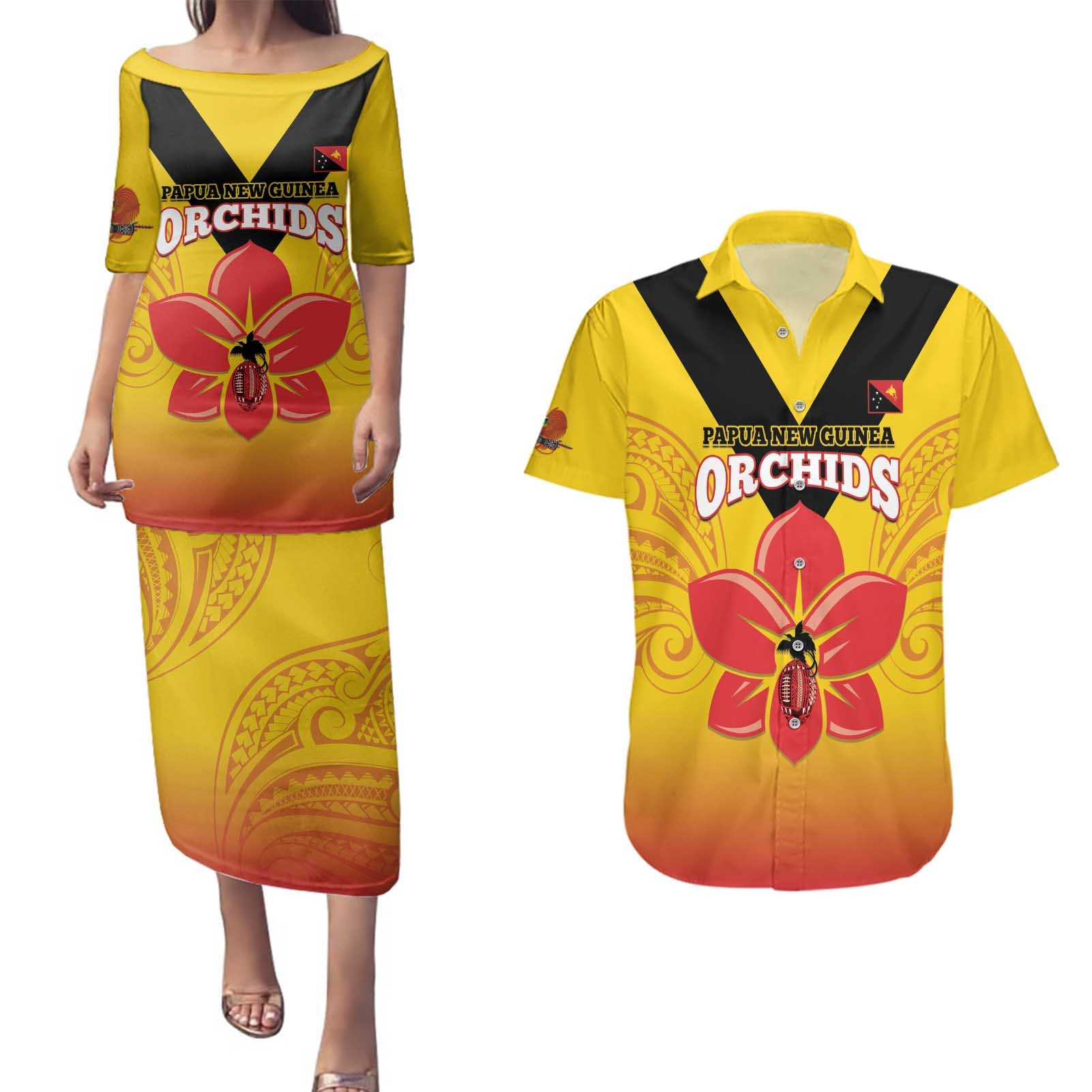 Orchids PNG Rugby Custom Couples Matching Puletasi and Hawaiian Shirt Go Champions Papua New Guinea