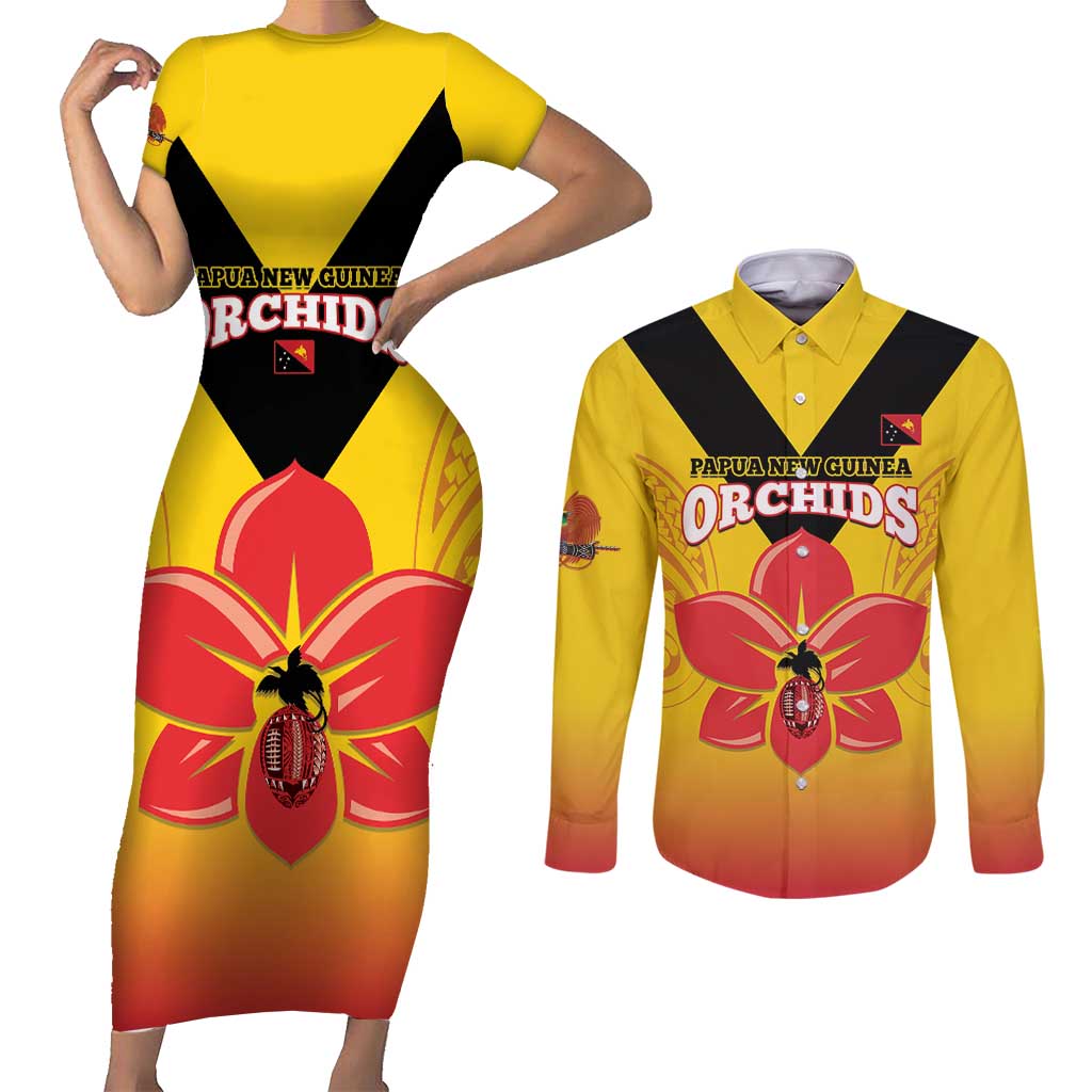 Orchids PNG Rugby Custom Couples Matching Short Sleeve Bodycon Dress and Long Sleeve Button Shirt Go Champions Papua New Guinea