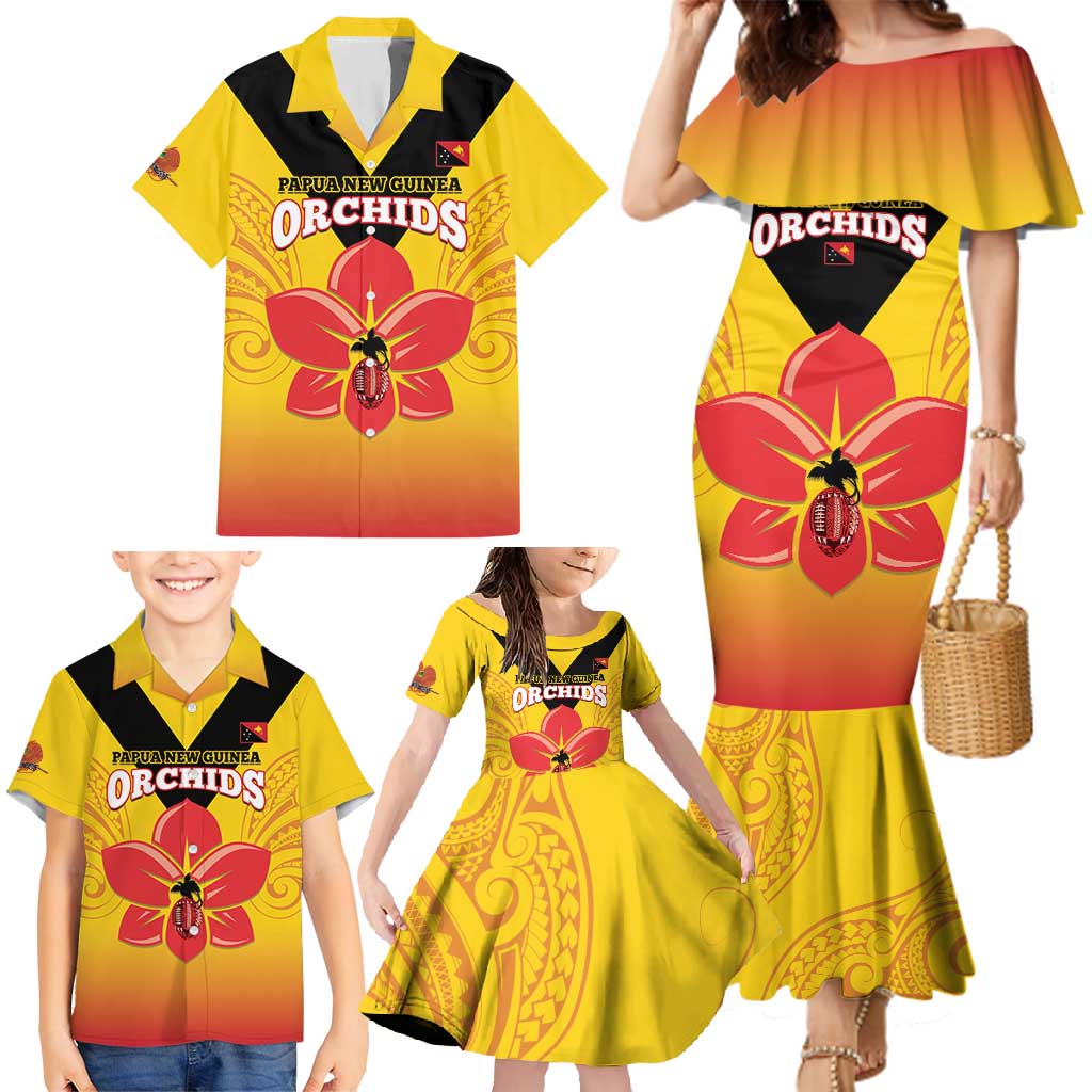 Orchids PNG Rugby Custom Family Matching Mermaid Dress and Hawaiian Shirt Go Champions Papua New Guinea