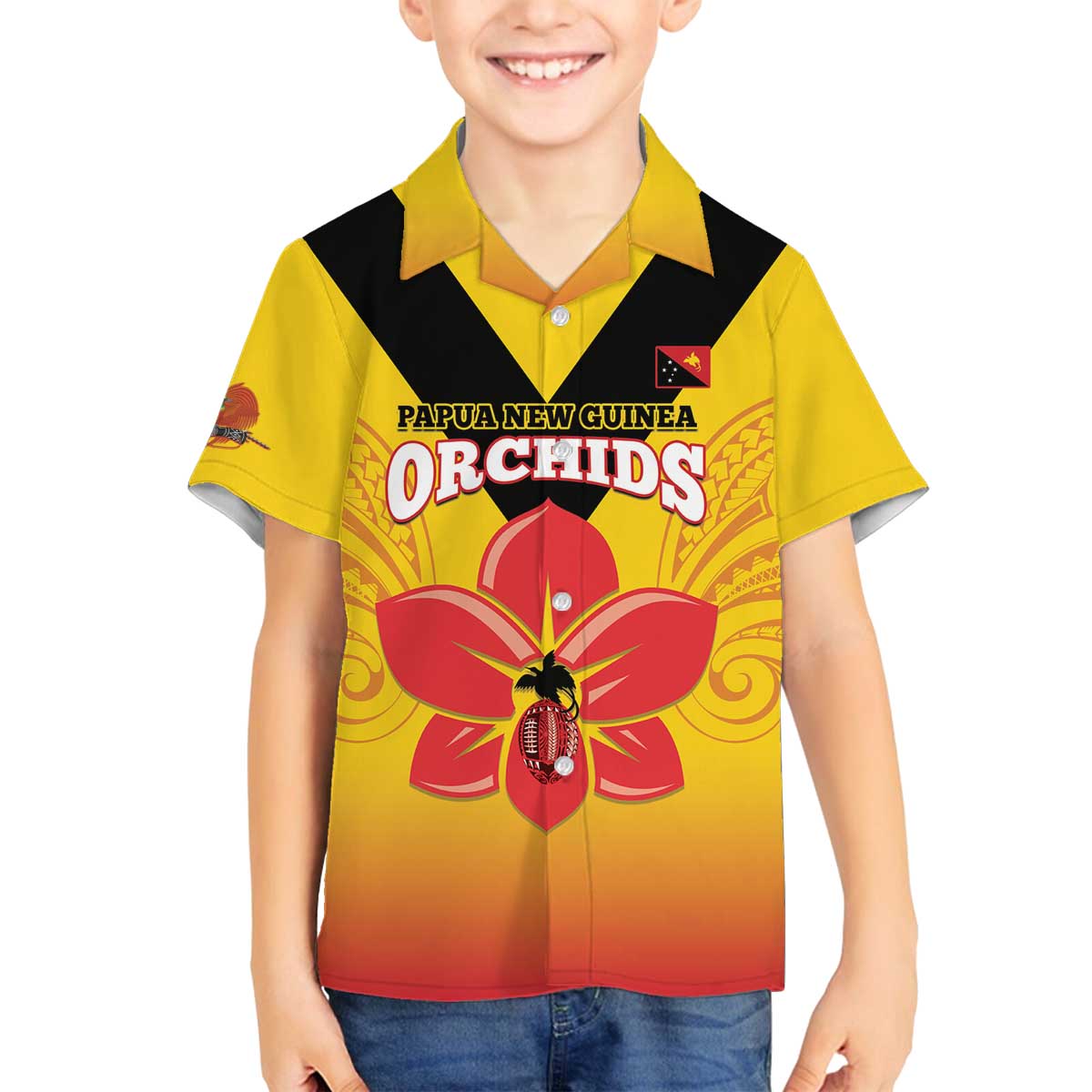 Orchids PNG Rugby Custom Family Matching Off The Shoulder Long Sleeve Dress and Hawaiian Shirt Go Champions Papua New Guinea