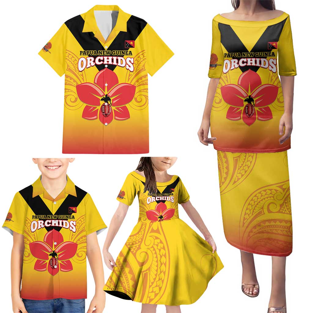 Orchids PNG Rugby Custom Family Matching Puletasi and Hawaiian Shirt Go Champions Papua New Guinea