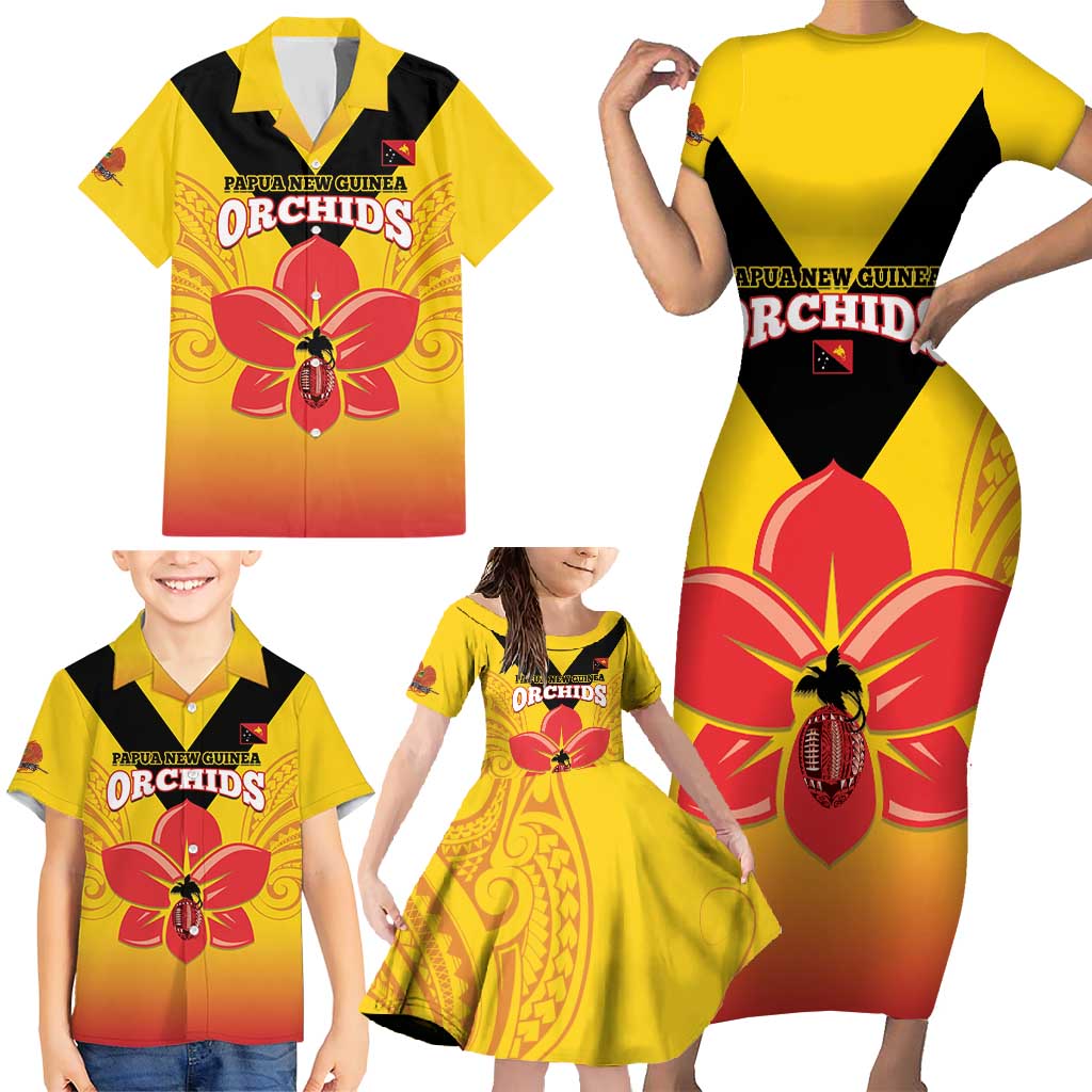 Orchids PNG Rugby Custom Family Matching Short Sleeve Bodycon Dress and Hawaiian Shirt Go Champions Papua New Guinea