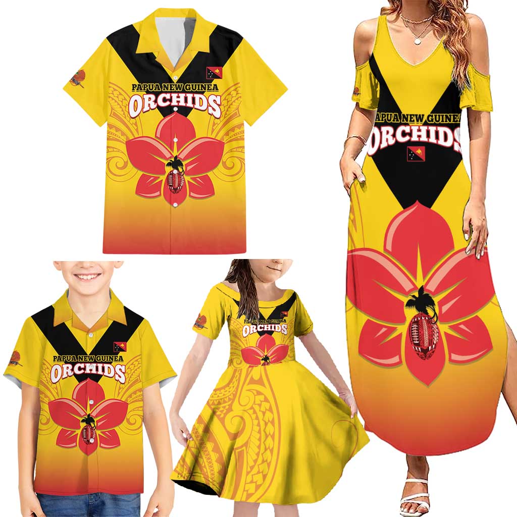 Orchids PNG Rugby Custom Family Matching Summer Maxi Dress and Hawaiian Shirt Go Champions Papua New Guinea