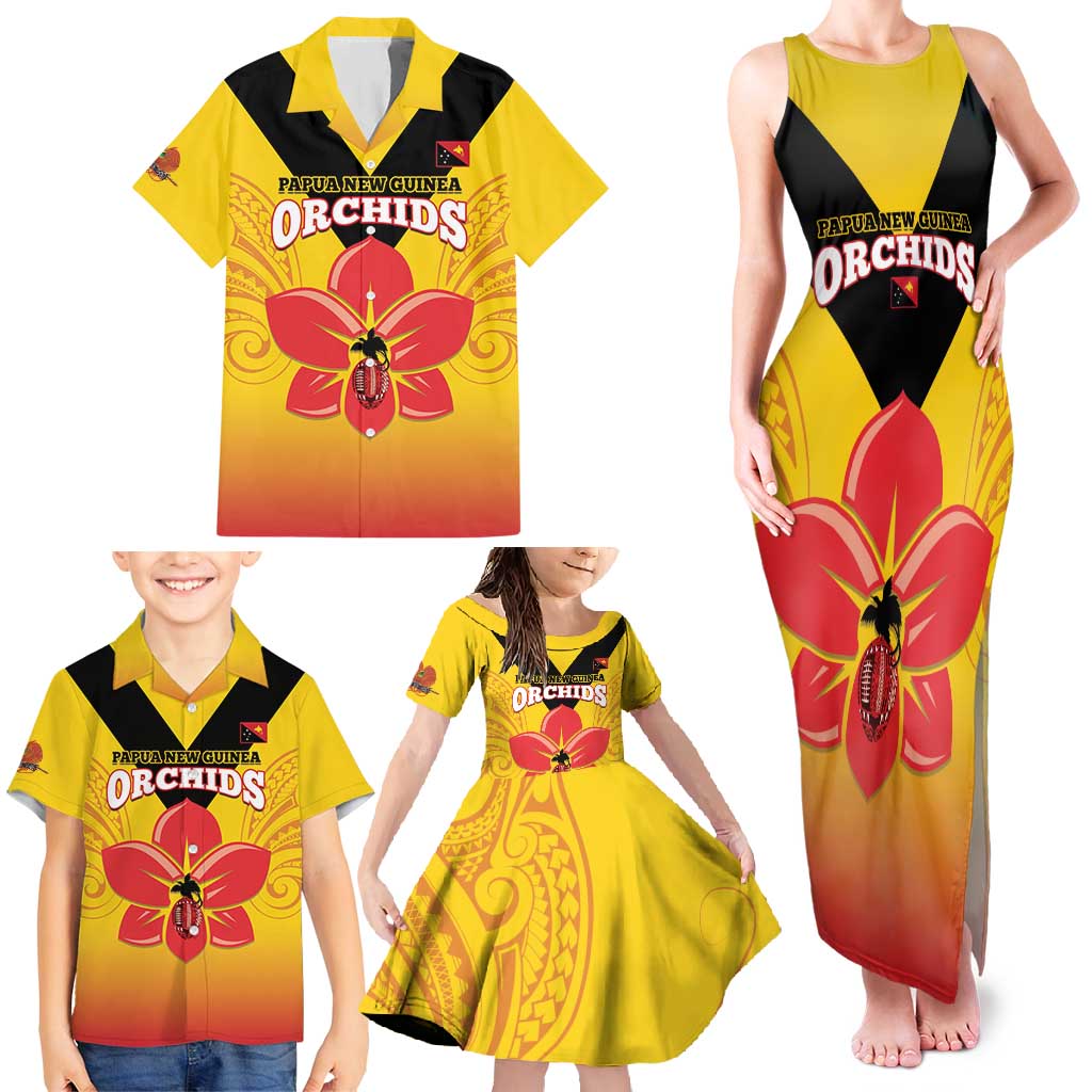 Orchids PNG Rugby Custom Family Matching Tank Maxi Dress and Hawaiian Shirt Go Champions Papua New Guinea