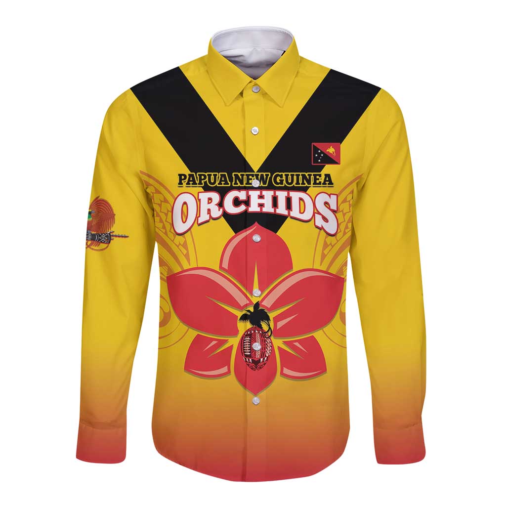 Orchids PNG Rugby Custom Long Sleeve Button Shirt Go Champions Papua New Guinea LT14 Unisex Yellow - Polynesian Pride